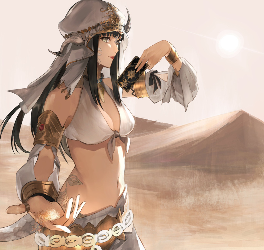 1girl astrologian_(final_fantasy) au_ra belt black_hair bracelet breasts card commission dark-skinned_female dark_skin desert final_fantasy final_fantasy_xiv food hat highres hill holding holding_card horns hoshi_rasuku jewelry long_hair looking_at_viewer necklace ring sand scarf skeb_commission smile solo stomach sun sunlight underwear upper_body veil yellow_eyes