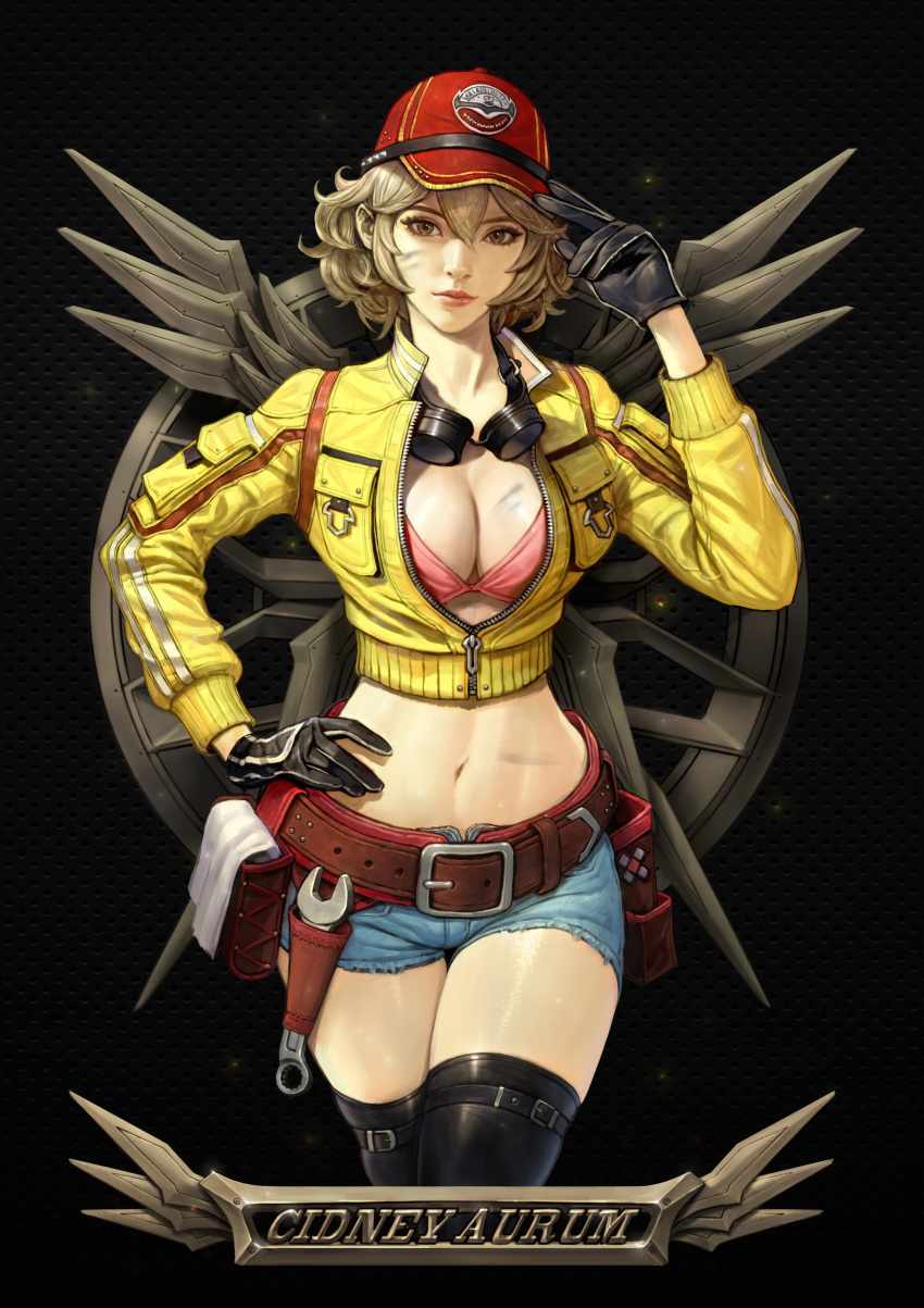 1girl absurdres baseball_cap belt black_gloves blonde_hair bra breasts character_name cidney_aurum cleavage cropped_jacket denim denim_shorts dirty dirty_face final_fantasy final_fantasy_xv gloves goggles goggles_around_neck hat highres jacket kim_sung_hwan looking_at_viewer short_hair shorts solo thighhighs underwear utility_belt wrench yellow_jacket