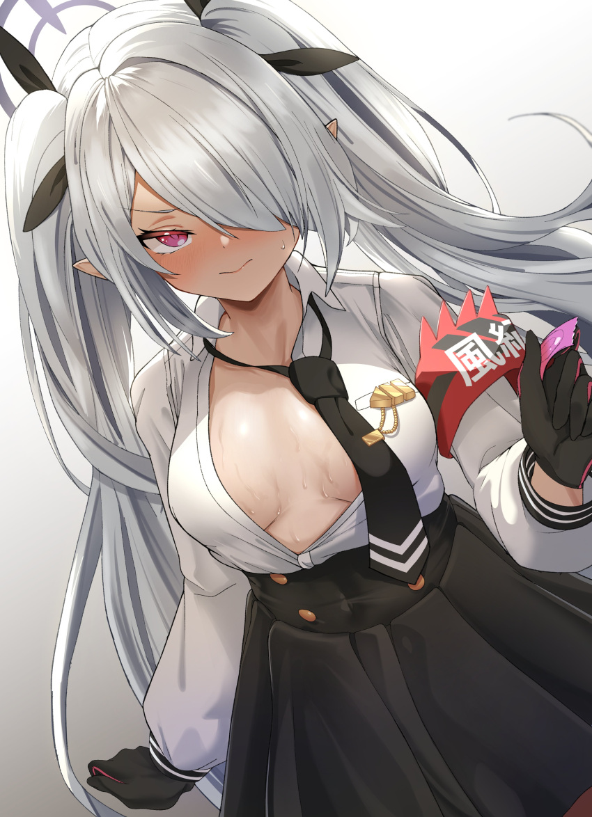 1girl absurdres armband black_neckwear blue_archive blush breasts closed_mouth condom covered_navel dark-skinned_female dark_skin dutch_angle gloves hair_over_one_eye highres holding holding_condom iori_(blue_archive) long_hair long_sleeves looking_at_viewer medium_breasts necktie no_bra nose_blush panamuru pointy_ears red_eyes silver_hair simple_background sleeve_cuffs solo sweat twintails very_long_hair white_background