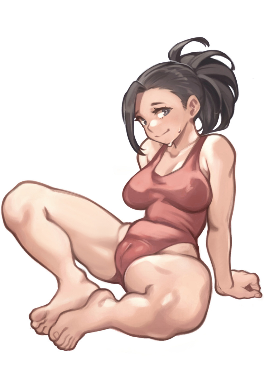 1girl barefoot black_hair boku_no_hero_academia breasts cameltoe collarbone english_commentary fingernails full_body hair_pulled_back highres large_breasts lentiyay looking_at_viewer medium_hair one-piece_swimsuit ponytail red_swimsuit reward_available silver_eyes sitting soles solo sweat swimsuit thighs toenails toes white_background yaoyorozu_momo