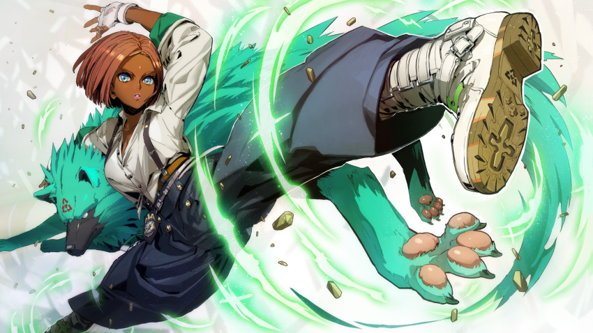 1girl 1other bellbottoms blue_eyes boots breasts dark-skinned_female dark_skin english_commentary facial_mark forehead_mark giovanna_(guilty_gear) green_fur guilty_gear guilty_gear_strive highres higuchi_konomi kicking medium_breasts official_art partially_unbuttoned pink_hair police_badge rei_(guilty_gear) second-party_source short_hair solo_focus suspenders white_footwear wolf