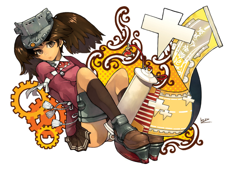 1girl bangs brown_eyes brown_hair brown_legwear brown_skirt closed_mouth flight_deck hat japanese_clothes kantai_collection kariginu kneehighs kuzuno_ha lips long_hair magatama panties pantyshot pleated_skirt ryuujou_(kancolle) scroll shikigami signature simple_background sitting skirt solo tassel twintails underwear visor_cap white_background white_panties