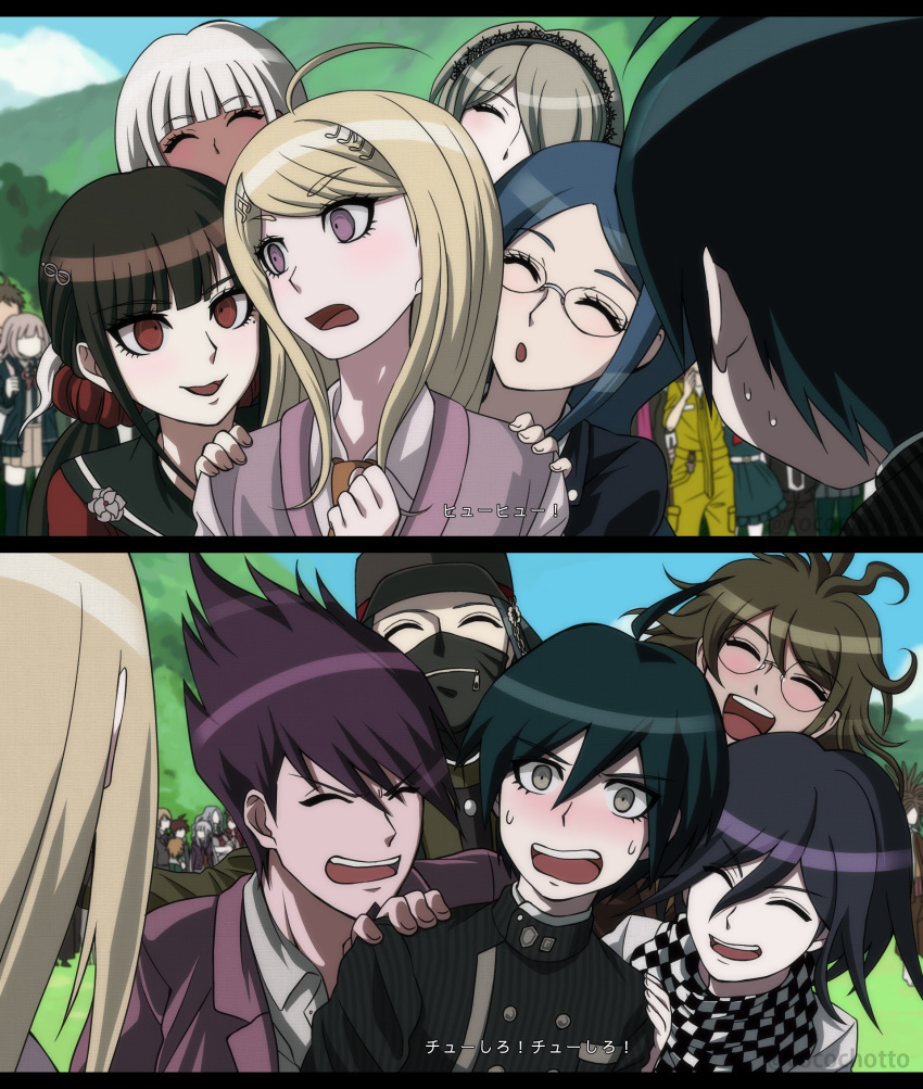 6+boys 6+girls ahoge akamatsu_kaede asahina_aoi bangs black_hair black_headwear black_jacket black_legwear black_pants blonde_hair blunt_bangs brown_hair brown_skirt buttons checkered checkered_scarf closed_eyes closed_mouth danganronpa:_trigger_happy_havoc danganronpa_(series) danganronpa_2:_goodbye_despair danganronpa_v3:_killing_harmony dark-skinned_female dark_skin derivative_work double-breasted dress fujisaki_chihiro gakuran glasses gokuhara_gonta green_dress grey_hair hagakure_yasuhiro hair_ornament hair_over_one_eye hair_scrunchie hairclip harukawa_maki highres hinata_hajime jacket kirigiri_kyouko kudakeru long_hair long_sleeves looking_at_viewer low_twintails maid_headdress mask mole mole_under_eye momota_kaito mouth_mask multiple_boys multiple_girls musical_note musical_note_hair_ornament naegi_makoto nanami_chiaki oogami_sakura open_clothes open_jacket open_mouth ouma_kokichi pants parted_bangs pink_vest purple_eyes purple_hair red_eyes red_scrunchie round_eyewear saihara_shuuichi scarf school_uniform scrunchie serafuku shinguuji_korekiyo shirogane_tsumugi shirt short_hair skirt sonia_nevermind souda_kazuichi straitjacket sweat sweatdrop tanaka_gandamu thighhighs togami_byakuya toujou_kirumi translation_request tree twintails upper_teeth vest yellow_jumpsuit yonaga_angie zettai_ryouiki