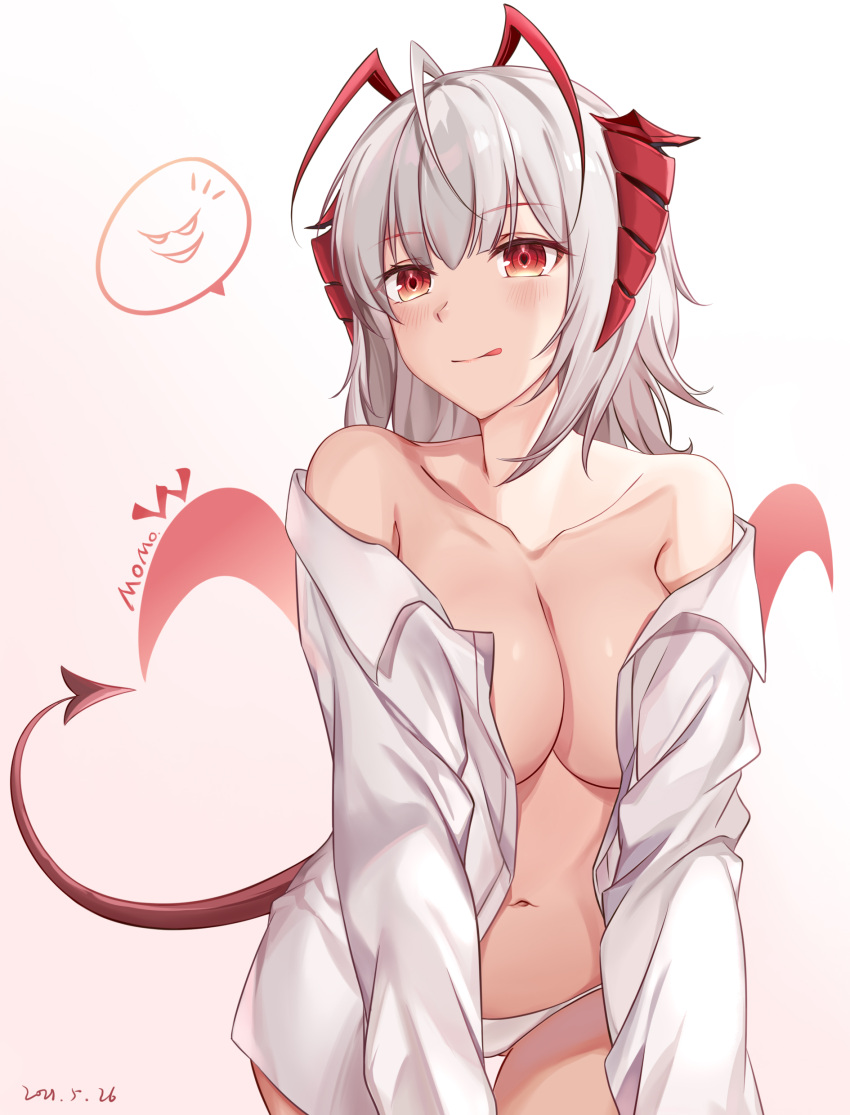 1girl :p absurdres ahoge arknights artist_name bangs bare_shoulders breasts cleavage closed_mouth collarbone cowboy_shot dated demon_girl demon_horns demon_tail demon_wings eyebrows_visible_through_hair highres horns large_breasts leaning_forward looking_at_viewer medium_hair momosawa_nao no_bra off_shoulder open_clothes open_shirt panties red_eyes red_wings shirt silver_hair simple_background smile solo speech_bubble spoken_expression tail tongue tongue_out underwear w_(arknights) white_background white_panties white_shirt wings