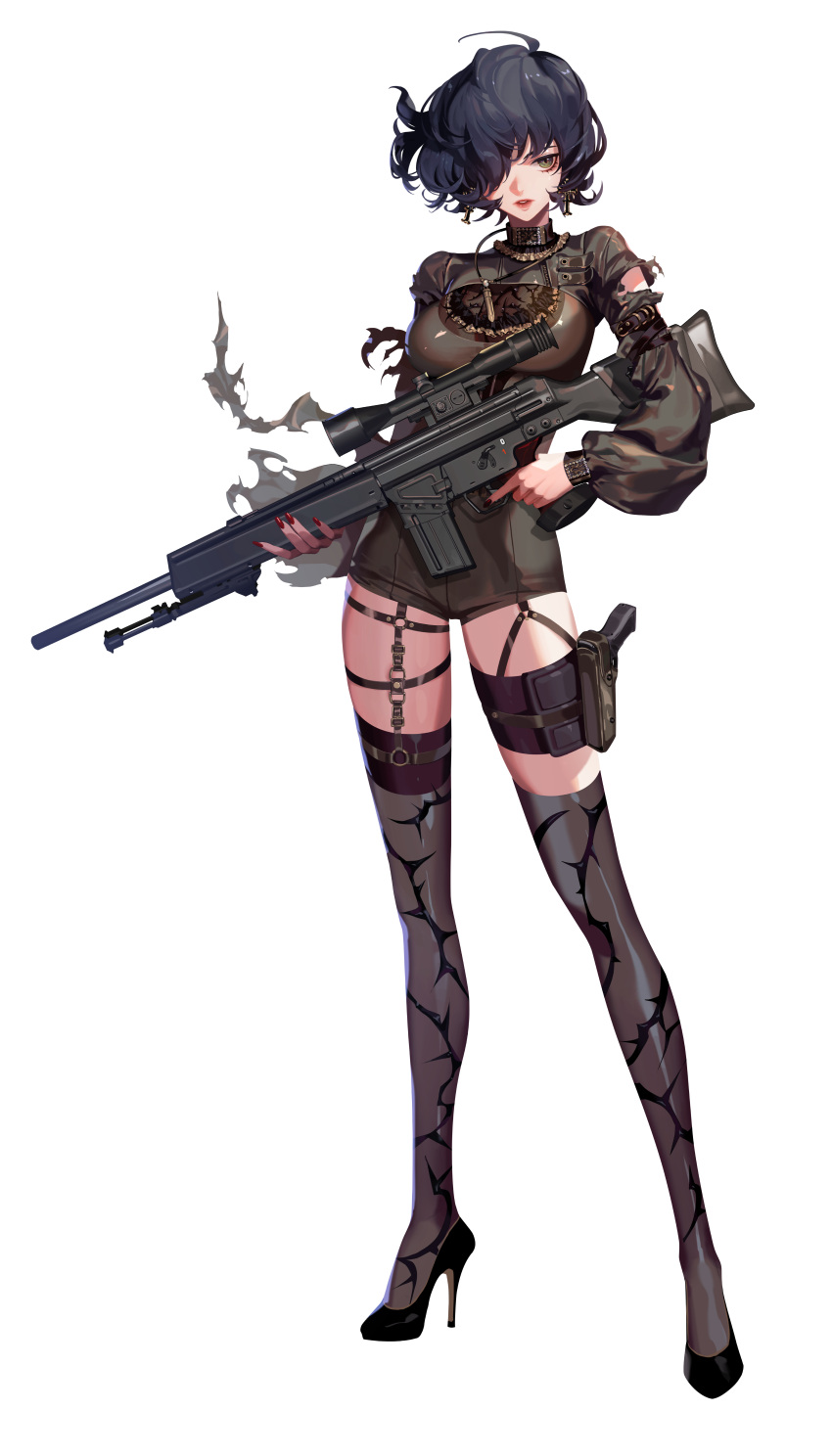 1girl absurdres ahoge artist_request bangs black_footwear black_hair black_survival breasts collar cross cross_earrings earrings full_body green_eyes grey_legwear gun hair_over_one_eye handgun high_heels highres holding holding_gun holding_weapon holster holstered_weapon jewelry large_breasts lips long_sleeves looking_at_viewer medium_hair nail_polish official_alternate_costume official_art parted_lips pistol red_nails rifle rozzi_(black_survival) scope shoes short_shorts shorts sniper_rifle solo standing thigh_strap thighhighs torn_clothes transparent_background trigger_discipline weapon