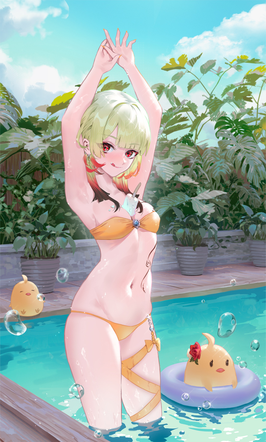 1girl :q armpits arms_up azur_lane bangs bare_shoulders between_breasts bikini bird blonde_hair blue_sky blunt_bangs blush breasts chick cirilla cleavage closed_mouth cloud collarbone cowboy_shot day drill_hair eyebrows_visible_through_hair food giuseppe_garibaldi_(azur_lane) gradient_hair groin highres in_water innertube looking_at_viewer manjuu_(azur_lane) medium_breasts multicolored_hair navel outdoors plant pool popsicle potted_plant red_eyes red_hair sidelocks sky smile solo_focus standing stomach strapless strapless_bikini swimsuit tattoo thigh_strap tongue tongue_out wading wet yellow_bikini