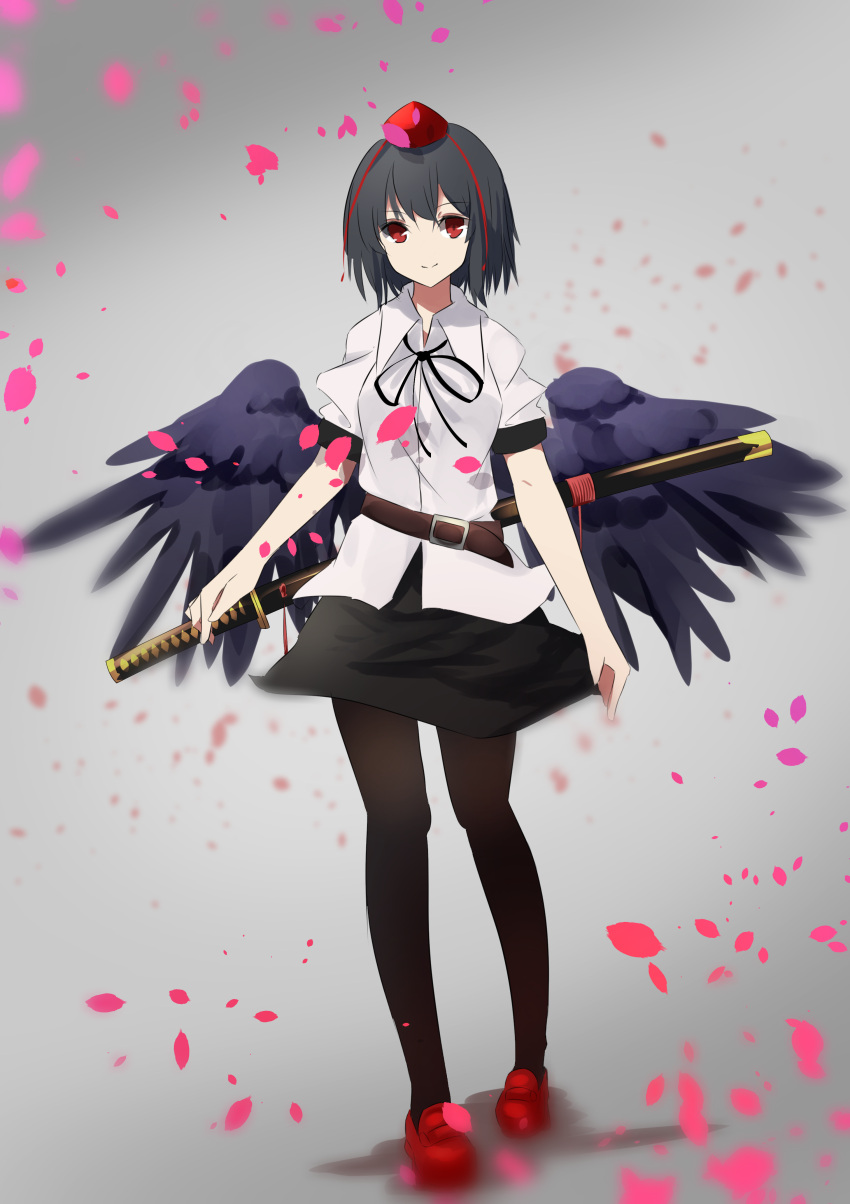 1girl absurdres bangs black_hair black_legwear black_ribbon black_skirt black_wings closed_mouth collared_shirt dress_shirt eyebrows_visible_through_hair feathered_wings grey_background hair_between_eyes hat highres katana loafers mini_hat neck_ribbon pantyhose petals puffy_short_sleeves puffy_sleeves red_eyes red_footwear red_headwear ribbon shameimaru_aya sheath sheathed shirt shoes short_sleeves skirt smile solo sword sword_behind_back tokin_hat touhou weapon weapon_on_back white_shirt wings yusake_san