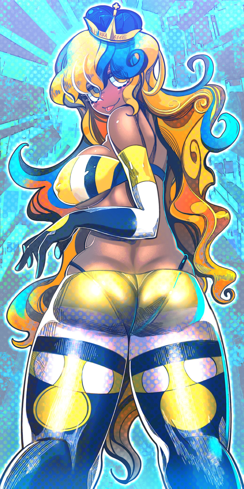 1girl artist_name ass blonde_hair blue_hair blush breasts commentary_request corona_(brand) covered_nipples crown dark-skinned_female dark_skin elbow_gloves gloves hakkasame highres long_hair medium_breasts multicolored_hair original personification tongue tongue_out two-tone_hair very_long_hair