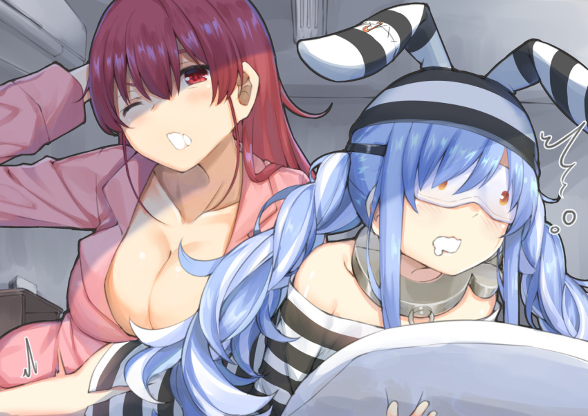 2girls animal_ears bangs bare_shoulders blue_hair blush braid breasts cleavage clenched_teeth collar collarbone commentary_request eye_mask fake_animal_ears hololive houshou_marine indoors kaname_(melaninusa09) large_breasts long_hair long_sleeves metal_collar multiple_girls open_mouth pillow pink_shirt prison_clothes red_eyes red_hair shirt sleepy striped striped_headwear striped_shirt teeth trembling usada_pekora virtual_youtuber yellow_eyes