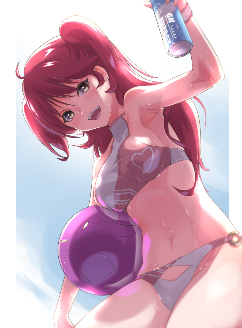 1girl absurdres ahoge bad_haro bangs bikini blush breasts can cowlick earrings eyebrows_visible_through_hair freckles fune_(fune93ojj) gundam gundam_00 hair_between_eyes highres holding holding_can jewelry looking_at_viewer medium_breasts navel nena_trinity o-ring o-ring_bikini o-ring_bottom open_mouth red_hair sideboob smile solo swimsuit tagme two_side_up wet yellow_eyes