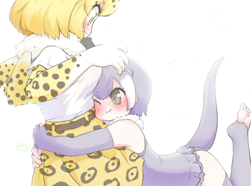 2girls :3 animal_ears bare_shoulders blonde_hair blush commentary elbow_gloves extra_ears fingerless_gloves frilled_swimsuit frills fur_collar gloves green_eyes grey_hair grey_legwear grey_swimsuit high-waist_skirt hug jaguar_(kemono_friends) jaguar_ears jaguar_girl jaguar_print jaguar_tail kemono_friends multicolored_hair multiple_girls one-piece_swimsuit one_eye_closed otter_ears otter_girl otter_tail print_gloves print_skirt shirt short_hair skirt sleeveless small-clawed_otter_(kemono_friends) swimsuit tail thighhighs toeless_legwear two-tone_hair uho_(uhoyoshi-o) white_fur white_hair white_shirt yellow_eyes