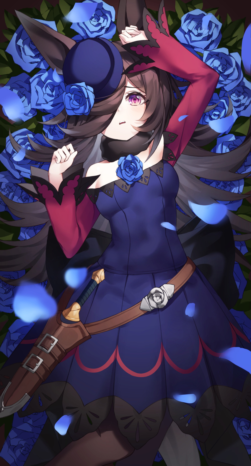 1girl absurdres animal_ears arms_up bangs belt black_legwear blue_dress blue_flower blue_headwear blue_rose blur breasts brown_hair clenched_hands dagger dress eyebrows_visible_through_hair flower flower_bed flying fur_collar hair_ornament hair_over_one_eye highres horse_ears indol knife leaf light_blush long_hair long_sleeves looking_at_viewer lying off-shoulder_dress off_shoulder on_back pantyhose parted_lips petals purple_eyes rice_shower_(umamusume) rose scabbard shadow sheath small_breasts solo umamusume weapon
