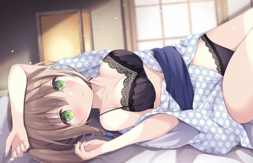 1girl arm_up bangs bare_shoulders black_bra black_panties blurry blurry_background blush bra breasts brown_hair cleavage closed_mouth collarbone commentary_request depth_of_field eyebrows_visible_through_hair futon green_eyes hair_between_eyes hand_up indoors japanese_clothes kimono lace-trimmed_bra lace-trimmed_panties lace_trim lantern long_hair lying medium_breasts mukai_haruka on_back on_bed panties raramagi satsuki_yukimi side_ponytail smile solo underwear white_kimono