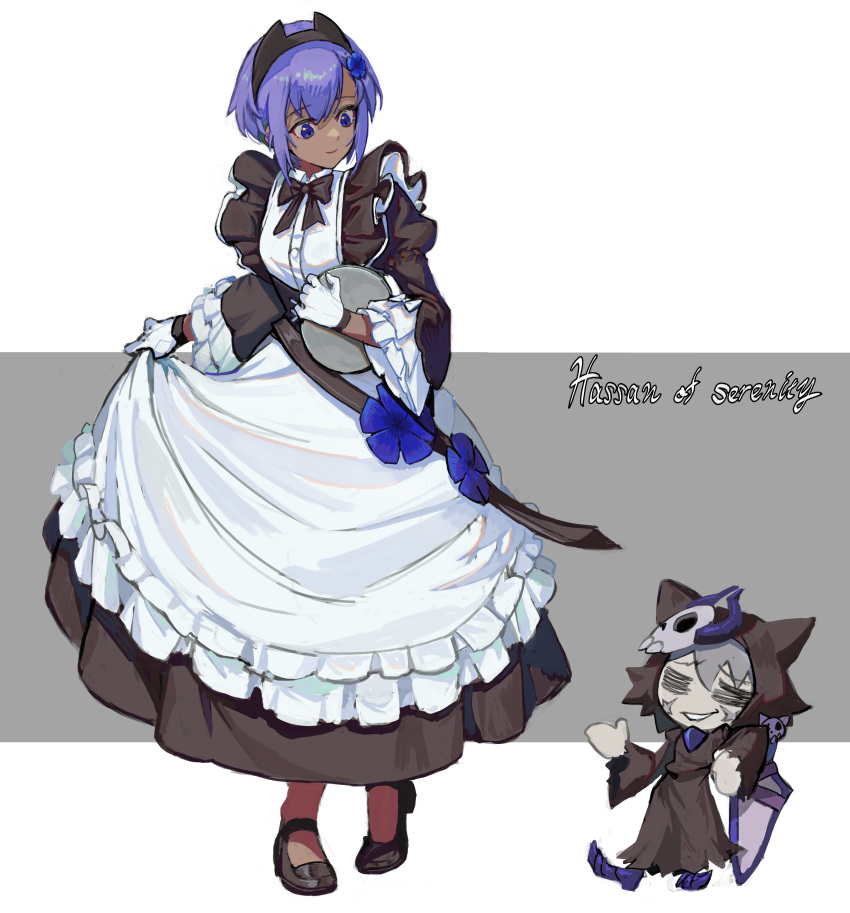 1girl absurdres alternate_costume apron badge black_dress blush character_name commentary_request dark-skinned_female dark_skin dress enmaided f.k_(hs225kr) fate/grand_carnival fate/grand_order fate/prototype fate/prototype:_fragments_of_blue_and_silver fate_(series) flower frilled_apron frilled_dress frills full_body gloves hair_flower hair_ornament hassan_of_serenity_(fate) highres maid maid_apron mysterious_neko_v puffy_sleeves purple_eyes purple_hair solo white_apron white_gloves