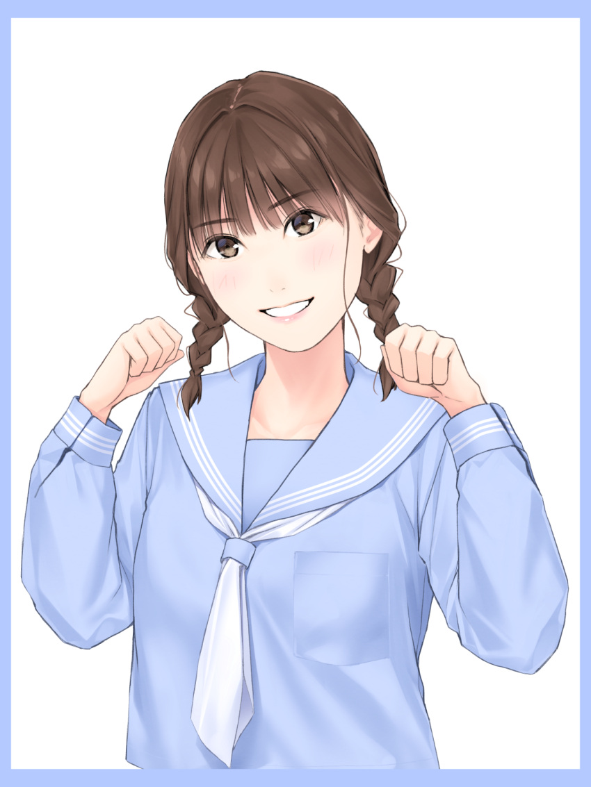 1girl bangs blue_sailor_collar blue_serafuku blunt_bangs braid brown_eyes brown_hair commentary_request hands_up higashimura_mei highres hinatazuka46_(group) light_blush lips long_sleeves looking_at_viewer medium_hair nayuta69 neckerchief parted_lips real_life sailor_collar school_uniform serafuku smile solo twin_braids upper_body white_neckwear