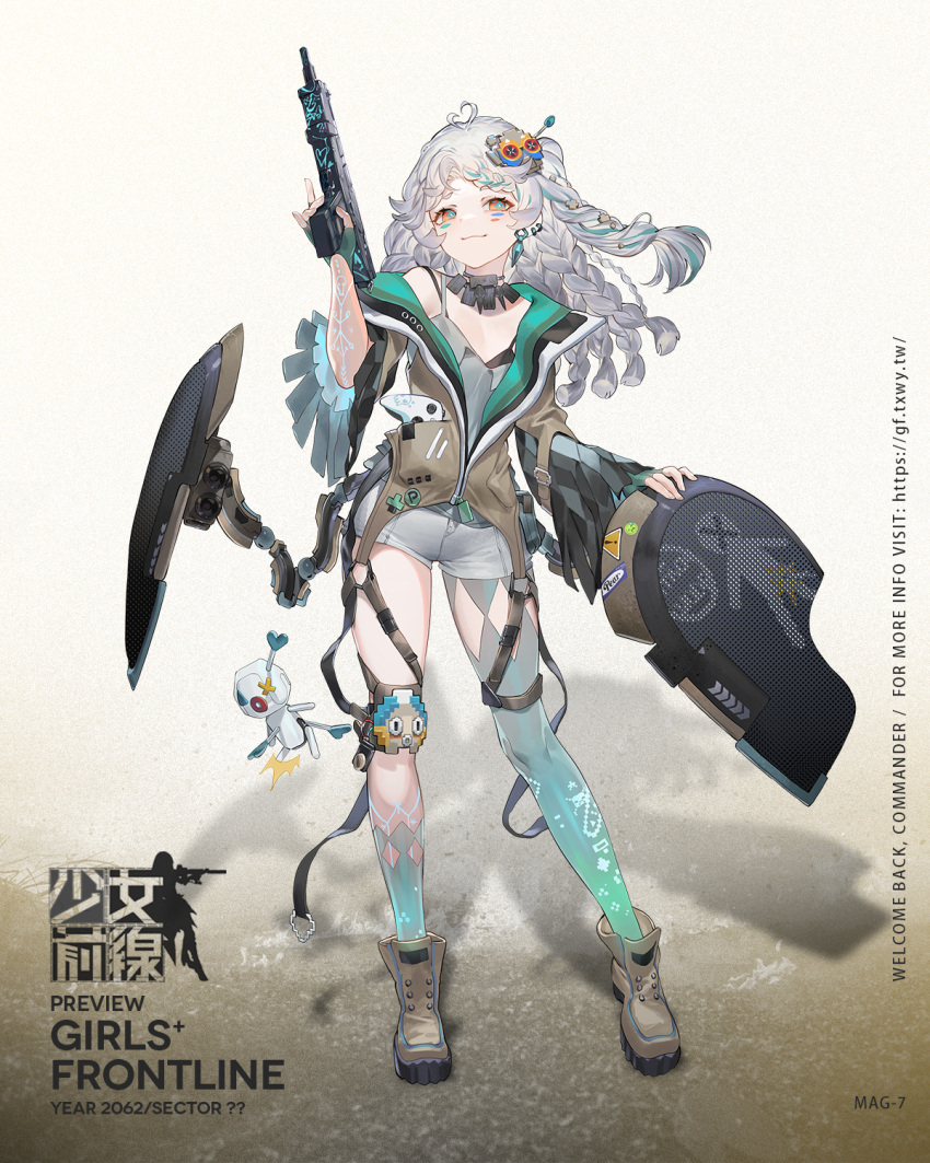 1girl aqua_legwear artist_request asymmetrical_legwear bangs black_bra boots bra bra_strap braid breasts brown_footwear brown_jacket character_name check_artist closed_mouth collarbone copyright_name eyebrows_visible_through_hair full_body girls'_frontline grey_hair grey_legwear grey_shirt grey_shorts gun hair_between_eyes hair_ornament hairclip highres hillly_(maiwetea) holding holding_gun holding_weapon jacket long_hair looking_at_viewer mag-7 mag-7_(girls'_frontline) official_art open_clothes open_jacket orange_eyes promotional_art shirt shorts shotgun simple_background small_breasts smile solo standing thighhighs underwear weapon