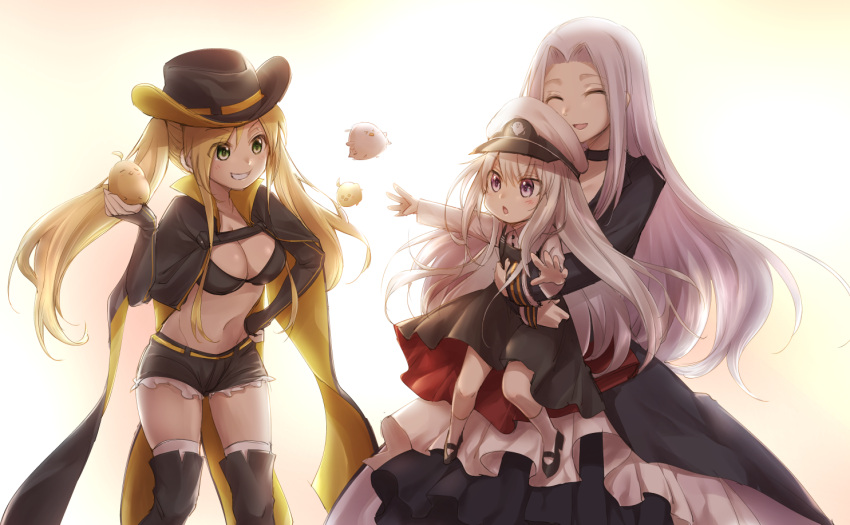 3girls :d :o animal azur_lane backlighting bangs bikini bikini_top bird black_bikini black_cloak black_dress black_flower black_footwear black_jacket black_legwear black_shorts black_sleeves blonde_hair blush boots breasts check_commentary chick chiyosuke_(chysk_hm) cleavage cloak closed_mouth collarbone collared_shirt commentary_request cowboy_hat cowboy_shot cutoffs detached_sleeves dress eyebrows_visible_through_hair floating_hair flower full_body green_eyes grin groin hair_between_eyes hand_on_hip hand_up hat holding holding_animal holding_person hornet_(azur_lane) jacket kneehighs large_breasts little_enterprise_(azur_lane) long_hair long_sleeves looking_at_another manjuu_(azur_lane) military_hat multiple_girls navel open_mouth parted_bangs peaked_cap pinafore_dress shirt shoes short_shorts shorts sidelocks silver_eyes silver_hair smile standing stomach swimsuit teeth thigh_boots thighhighs twintails very_long_hair white_dress white_hair white_headwear white_legwear white_shirt yellow_belt yorktown_(azur_lane)