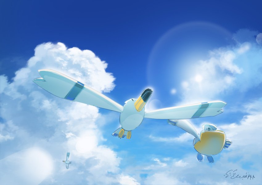 absurdres bird closed_mouth cloud commentary_request day flying from_below gen_3_pokemon hachiya_shohei highres no_humans outdoors pelipper pokemon pokemon_(creature) signature sky wingull