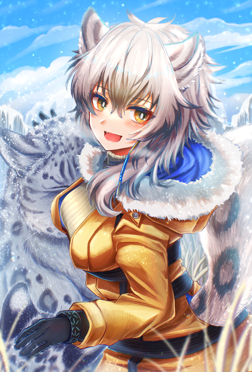 1girl 3_(sanyako1) :d absurdres animal_ear_fluff animal_ears arknights bangs black_gloves blue_sky blush breasts cliffheart_(arknights) cliffheart_(highlands_visitor)_(arknights) cloud coat commentary cowboy_shot day eyebrows_visible_through_hair fang fur_trim gloves grey_eyes hair_between_eyes highres huge_filesize infection_monitor_(arknights) leopard leopard_ears leopard_girl leopard_tail looking_at_viewer medium_breasts official_alternate_costume open_mouth orange_coat outdoors ribbed_sweater short_hair sidelocks silver_hair sky smile snow_leopard snowing solo_focus standing sweater tail turtleneck turtleneck_sweater