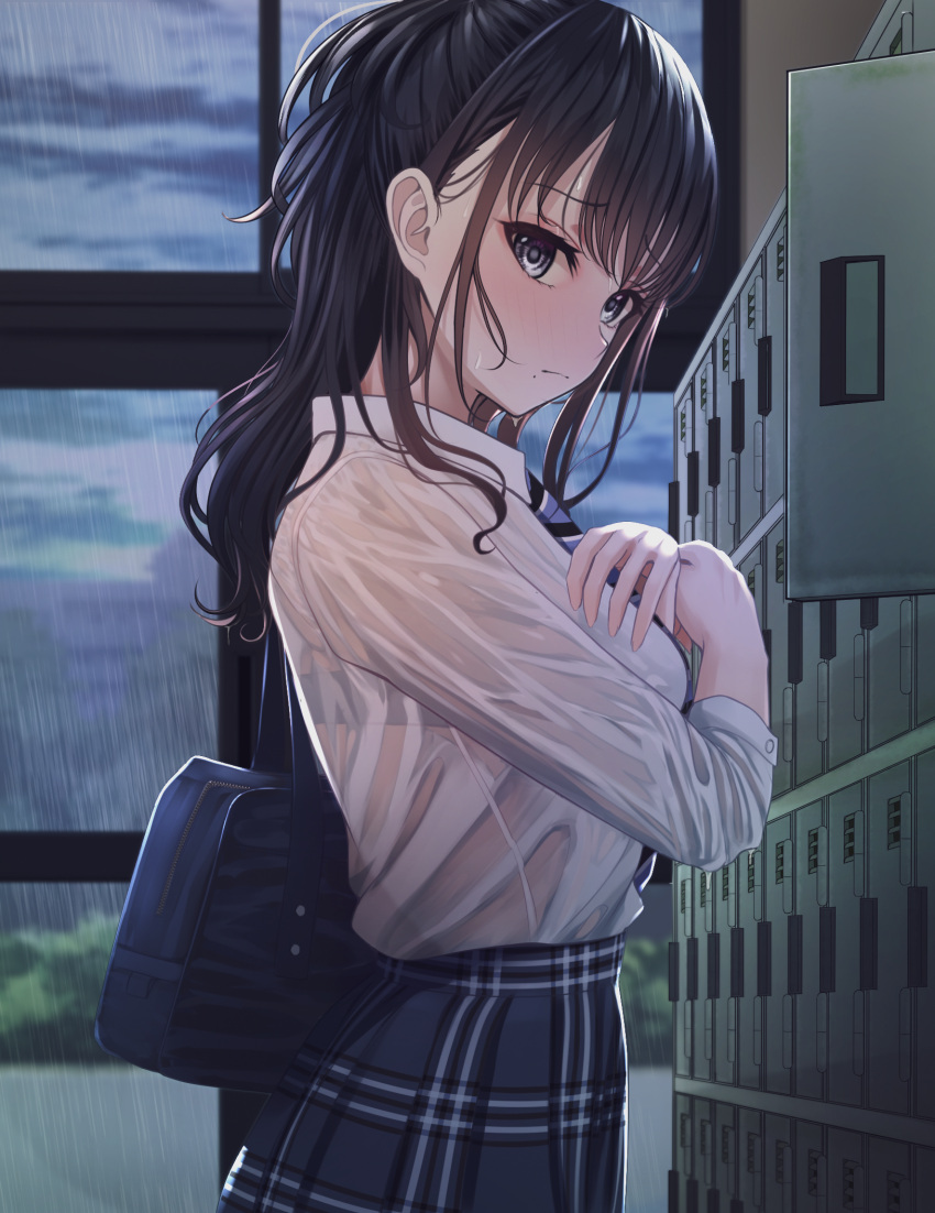 1girl bag bangs black_eyes black_hair black_skirt blue_neckwear blush bra bra_through_clothes closed_mouth commentary_request cowboy_shot eyebrows_visible_through_hair from_side frown highres idolmaster idolmaster_shiny_colors indoors kazano_hiori long_sleeves looking_at_viewer looking_to_the_side mole mole_under_eye necktie plaid plaid_skirt ponytail rain school_bag school_uniform see-through shirt shoe_locker skirt solo striped striped_neckwear turisasu underwear wet wet_clothes wet_shirt window