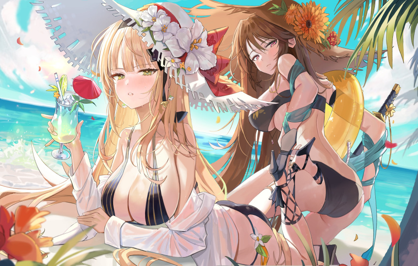 2girls absurdres ass bare_shoulders beach bikini black_bikini black_footwear blonde_hair breasts character_request final_gear flower freng green_eyes hairband halterneck hat hat_flower hibiscus high_heels highres hurricane_glass innertube large_breasts long_hair looking_at_viewer multiple_girls off_shoulder open_clothes open_shirt outdoors parted_lips shirt straw_hat string_bikini sun_hat sunflower swimsuit thighs tropical_drink very_long_hair white_headwear white_shirt