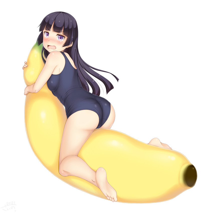 1girl absurdres ass banana barefoot black_hair blue_swimsuit blush breast_press breasts commentary_request feet food from_behind fruit full_body gokou_ruri highres inflatable_toy leaning_forward legs long_hair looking_back lying on_banana on_stomach one-piece_swimsuit open_mouth ore_no_imouto_ga_konna_ni_kawaii_wake_ga_nai pink_eyes sainohikari school_swimsuit simple_background soles solo straddling swimsuit thighs toes white_background