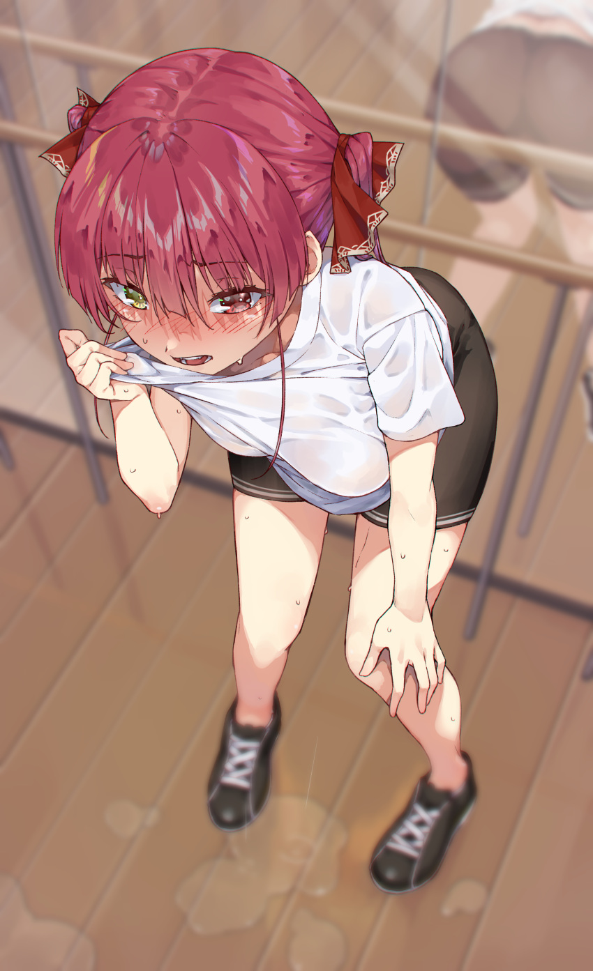 1girl absurdres ass bangs bare_legs black_footwear blush breasts dripping eyebrows_visible_through_hair full_body hair_ribbon hand_on_own_knee heterochromia highres hololive houshou_marine indoors koubou_(cowbow_kun) leaning_forward legs long_hair medium_breasts no_socks nose_blush open_mouth puddle purple_hair red_eyes red_ribbon reflection ribbon see-through shirt shoes short_sleeves sneakers solo standing sweat sweaty_clothes virtual_youtuber wet wet_clothes wet_shirt wiping_sweat wooden_floor yellow_eyes