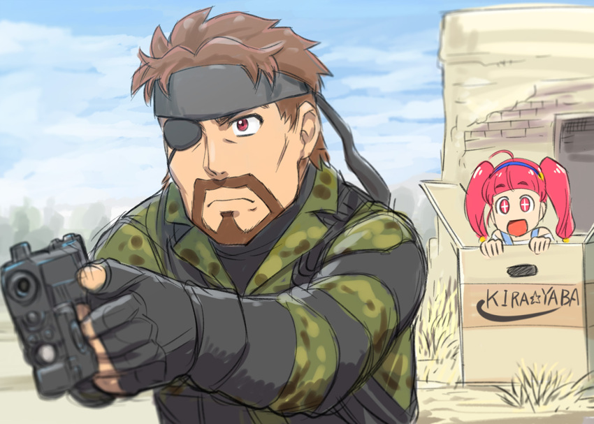 1boy 1girl bandana beard big_boss big_boss_(cosplay) box brown_hair cardboard_box commentary_request cosplay crossover eyepatch facial_hair gloves gun handgun headband holding holding_gun holding_weapon hoshina_hikaru hoshina_youichi in_box in_container metal_gear_(series) metal_gear_solid_3 mustache ootsuka_akio pistol precure seiyuu_connection star-shaped_pupils star_(symbol) star_twinkle_precure symbol-shaped_pupils ueyama_michirou weapon