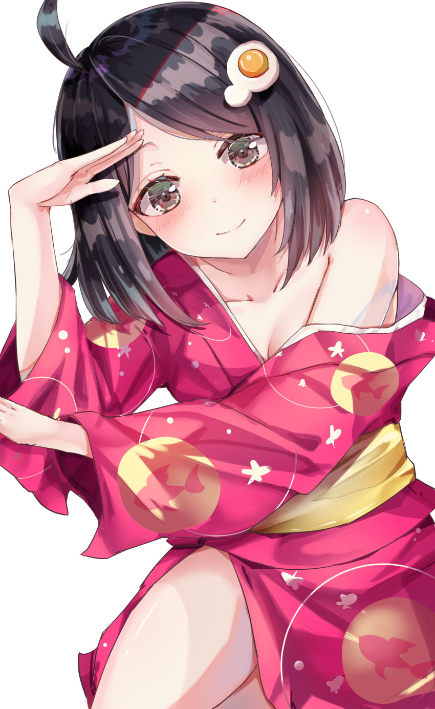 1girl absurdres ahoge animal_print araragi_tsukihi arm_up bare_shoulders black_eyes black_hair blush breasts cleavage closed_mouth collarbone egg_hair_ornament fish_print food-themed_hair_ornament hair_ornament hairclip highres japanese_clothes kimono long_sleeves looking_at_viewer medium_hair monogatari_(series) nisemonogatari obi pink_kimono print_kimono sash simple_background smile solo strap_slip white_background yuunamida_uyu