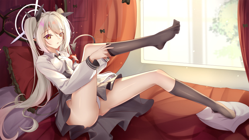 aliasing bed blue_archive blush gray_hair halo iori_(blue_archive) kneehighs long_hair panties pointed_ears school_uniform skirt tagme_(artist) tail tie twintails underwear yellow_eyes