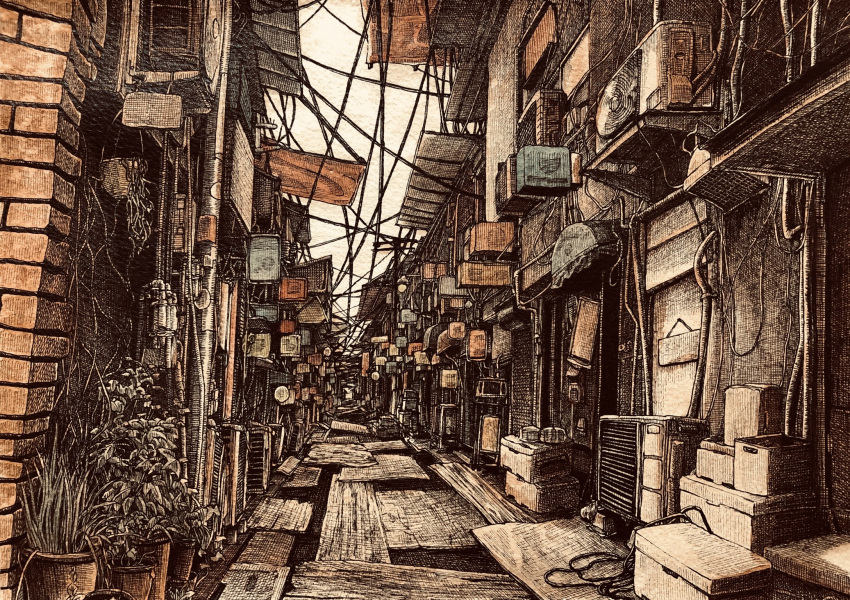 air_conditioner alley awning box brick_wall building cardboard_box commentary_request crosshatching hatching_(texture) highres ibsukionsen lamppost no_humans original outdoors pipes plank plant potted_plant power_lines scenery traditional_media utility_pole