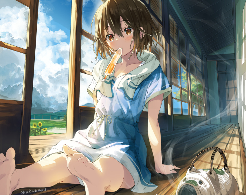 barefoot blush brown_eyes brown_hair building clouds cropped curcumin dress flowers original popsicle sky summer summer_dress sunflower towel wet