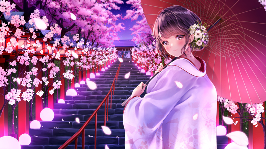 amagi_shino blush brown_eyes cherry_blossoms flowers japanese_clothes kimono original purple_hair stairs tree wedding_attire