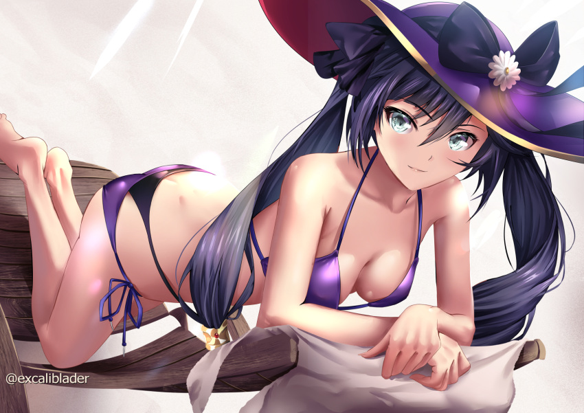 ass barefoot bikini excaliblader genshin_impact gray_eyes hat long_hair mona_(genshin_impact) purple_hair swimsuit twintails watermark witch_hat