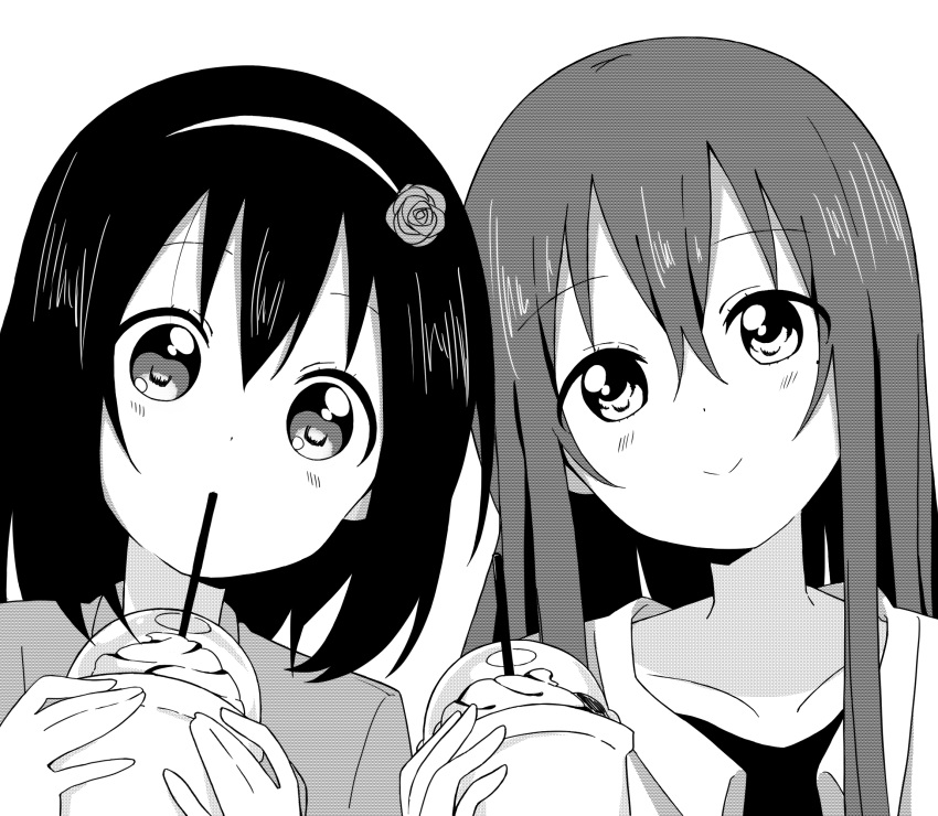 2girls bangs blush closed_mouth collarbone commentary_request cup disposable_cup drinking drinking_straw eyebrows_visible_through_hair flower frappuccino greyscale hair_between_eyes hair_flower hair_ornament hairband hand_up hands_up highres holding holding_cup long_hair looking_at_viewer medium_hair mesushio miwa_ai mole mole_under_eye monochrome multiple_girls oomuro-ke portrait shirt side-by-side smile whipped_cream yaeno_miho yuru_yuri