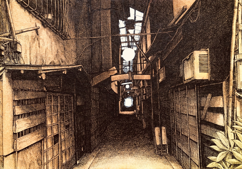 alley barred_window boarded_windows cable commentary_request crosshatching hatching_(texture) highres ibsukionsen lamppost no_humans original outdoors plant redrawn scenery sliding_doors traditional_media window