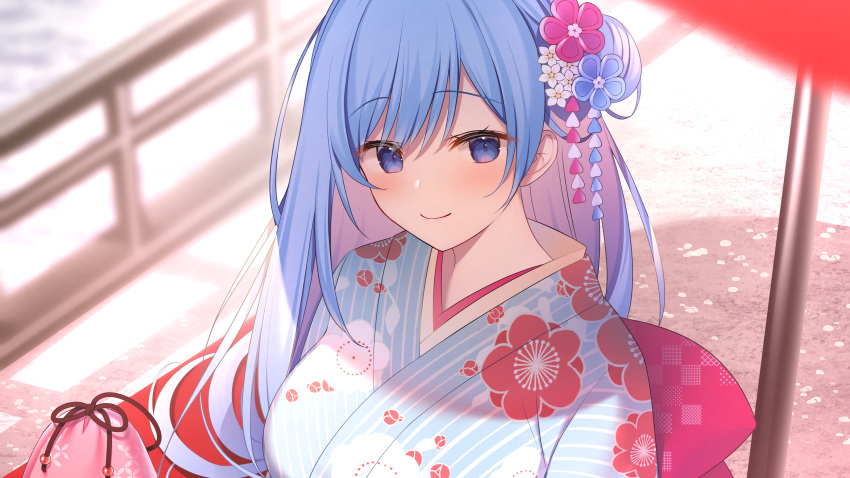 aqua_eyes blue_hair blush emori_miku emori_miku_project japanese_clothes long_hair miko_92