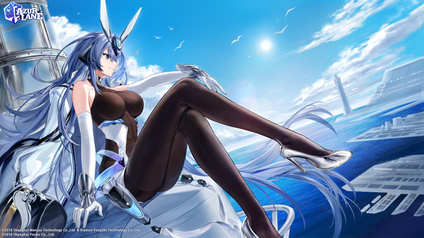 animal anthropomorphism azur_lane bird blue_eyes blue_hair elbow_gloves gloves hoojiro lighthouse logo long_hair new_jersey_(azur_lane) sky water