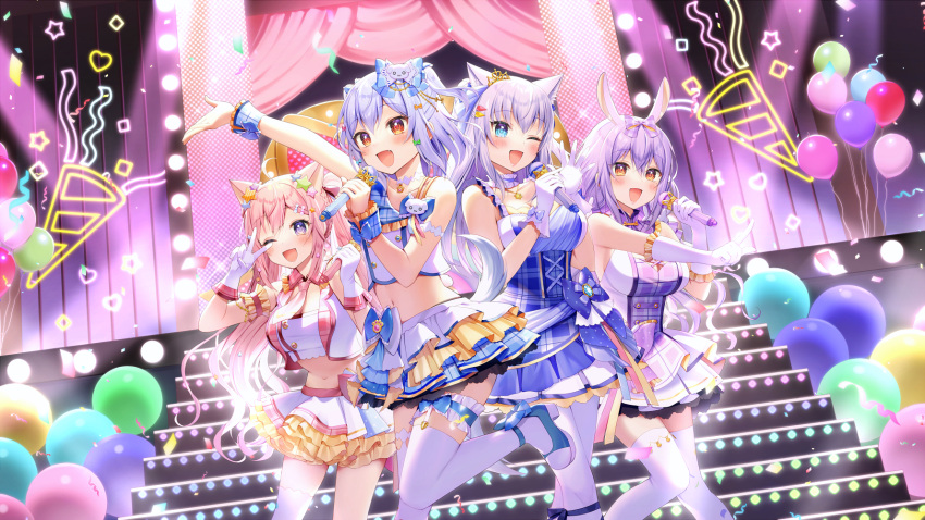 aliasing animal_ears aqua_eyes blue_hair blush bow breasts bunny_ears bunnygirl catgirl choker cleavage corset elbow_gloves enomiya_milk fang foxgirl garter gloves gray_hair group himesaki_yuzuru inuyama_tamaki long_hair male microphone momoshiki_tsubaki navel necklace noripro orange_eyes pantyhose pink_hair purple_eyes purple_hair shirayuki_mishiro skirt tail thighhighs tie trap uniform wink wristwear zettai_ryouiki