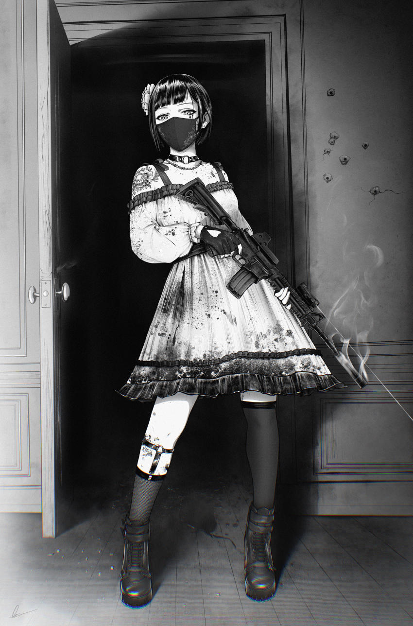 1girl absurdres assault_rifle asymmetrical_legwear bare_shoulders blood blood_on_clothes blood_on_dress choker clothing_cutout commentary door dress english_commentary frilled_dress frills gloves gun heart_cutout highres holding holding_gun holding_weapon indoors kneehighs laser_sight looking_at_viewer m4_carbine marvin_(omarvin) mask mole mole_under_eye mouth_mask o-ring o-ring_choker off-shoulder_dress off_shoulder open_door original over-kneehighs reflex_sight rifle shiny shiny_hair shoes short_hair smoke smoking_gun solo standing thighhighs weapon weapon_request