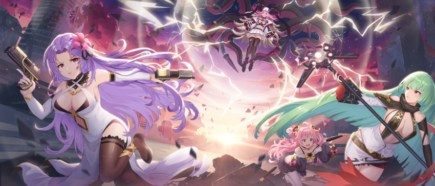 clouds dress flowers green_hair gun hongse_beiyu long_hair pink_hair purple_hair red_eyes ruins sky tentacles thighhighs weapon