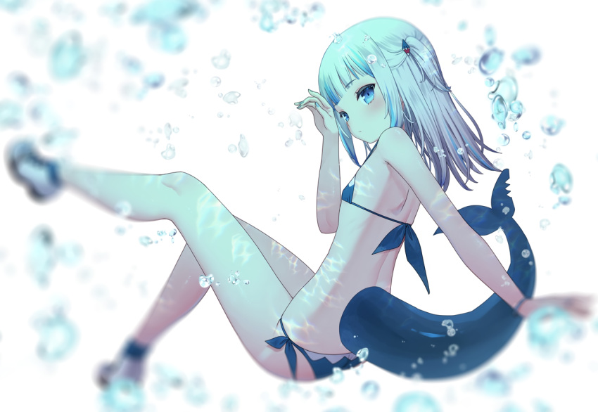 bikini blue_eyes bubbles flat_chest gawr_gura gray_hair hololive polychromatic short_hair swimsuit tail underwater water yasuyuki