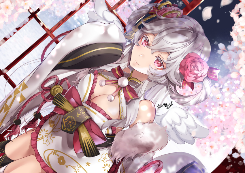 akatsuki_hijiri cherry_blossoms flowers gray_hair long_hair original purple_eyes signed wings