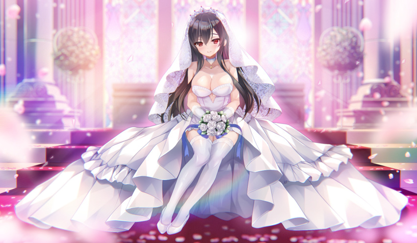 black_hair blush breasts dress elbow_gloves emily flowers game_cg gloves headdress long_hair marmalade omaezaki_yuu petals study_&sect;_steady thighhighs wedding_attire