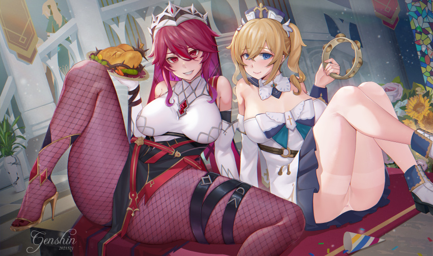 2girls anus barbara_(genshin_impact) blue_eyes brown_hair ctrlz77 dress food genshin_impact long_hair red_eyes rosaria_(genshin_impact) spread_legs twintails