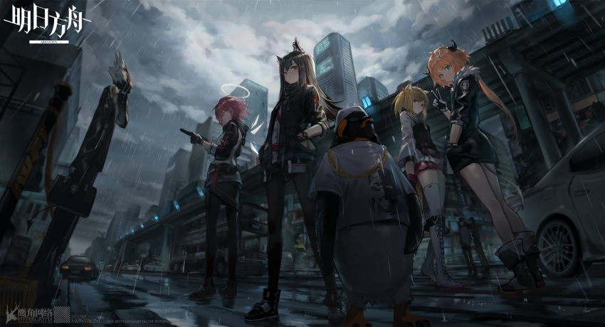 angel animal animal_ears aqua_eyes arknights black_hair blonde_hair boots building city croissant_(arknights) dark exusiai_(arknights) gloves group horns huanxiang_heitu logo long_hair male orange_hair pantyhose penguin ponytail rain red_eyes red_hair short_hair sora_(arknights) tail texas_(arknights) the_emperor_(arknights) thighhighs twintails water wings wolfgirl yith_(arknights)