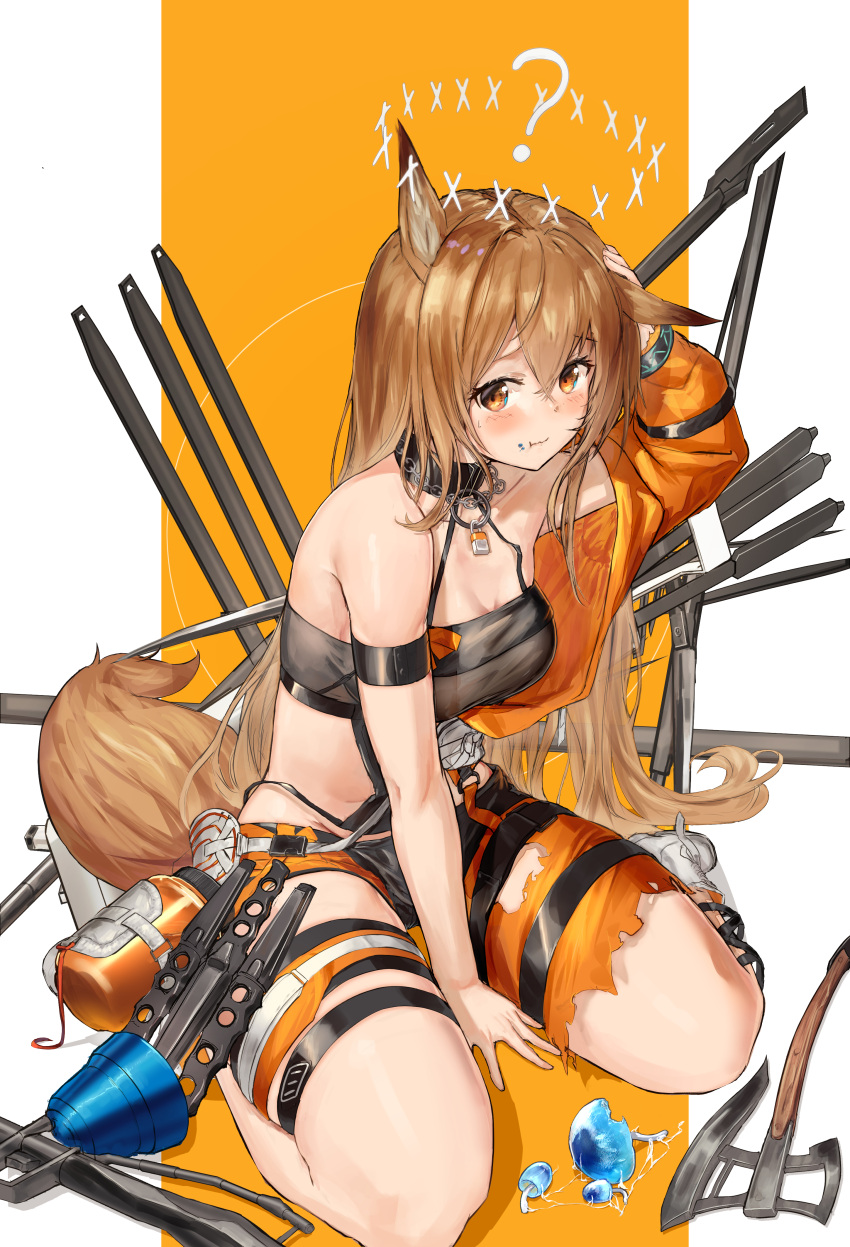 animal_ears arknights bra ceobe_(arknights) garter kitsune pantsu tagme tail torn_clothes weapon yuji