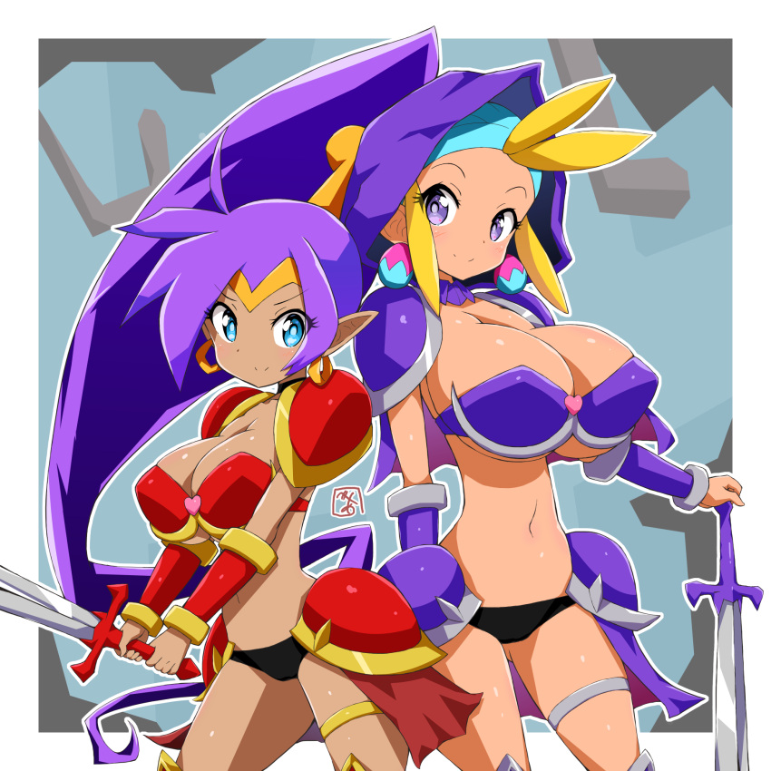 armor bea_(bropmlk) bikini_armor cleavage garter pointy_ears shantae shantae_(character) sky_(shantae) sword