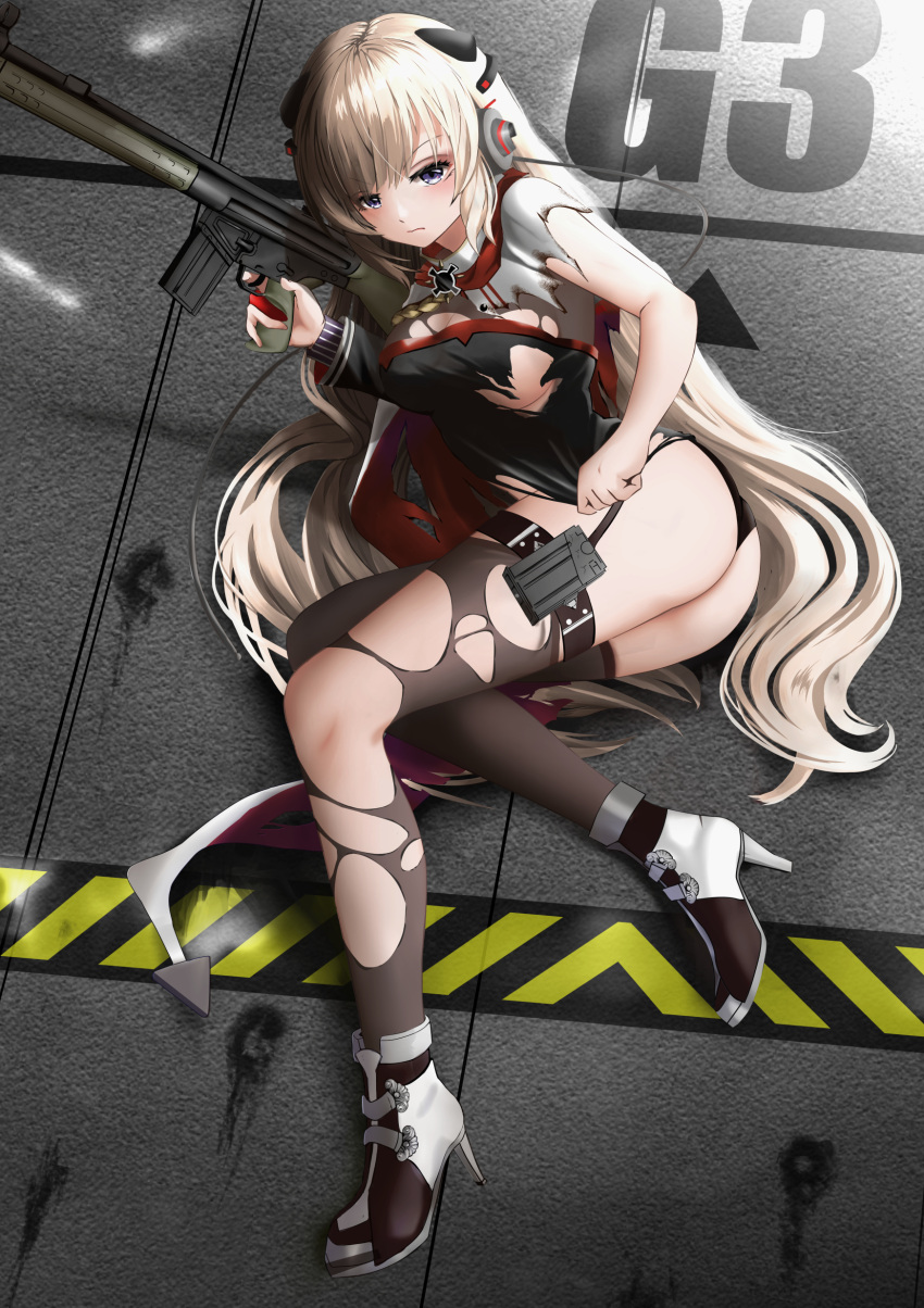 ass g3_(girls_frontline) garter gibun girls_frontline gun heels no_bra pantsu stockings thighhighs thong torn_clothes uniform