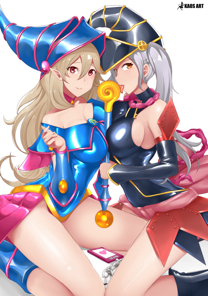 cleavage corrin_(fire_emblem)_(female) cosplay dark_magician_girl fire_emblem fire_emblem_if fire_emblem_kakusei gagaga_girl kamui_(fire_emblem) kaos_art no_bra pointy_ears robin_(fire_emblem) symmetrical_docking weapon yugioh